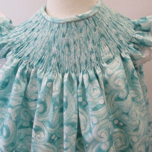 Ready to Smock Girl's Bishop Dress or Bubble - 100% cotton Print in White and Turquoise