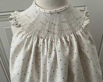 Ready-To-Smock Girl's Bishop Style Dress with Angel Sleeves 100% cotton ivory with multicolored dots