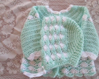 Crocheted Two Piece Baby Set - Green and White
