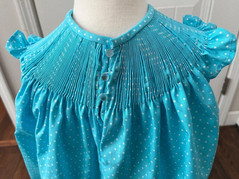 Cotton Turquoise with White Dots Ready to Smock Dress or Bishop image 2