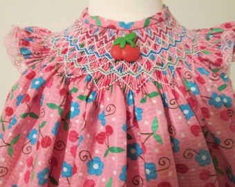 Pink and  Cherries Girl's Smocked Bishop Style Dress, Size 18 months