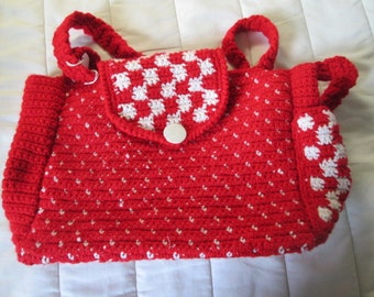 Large Crocheted Tote Bag - Red and White