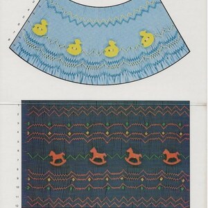May include: A sewing pattern sheet titled Fantasy Quick and Easy by Mollie Jane Taylor. The top section shows light blue fabric with yellow duck buttons and smocking. The bottom section displays dark fabric with orange rocking horse buttons.