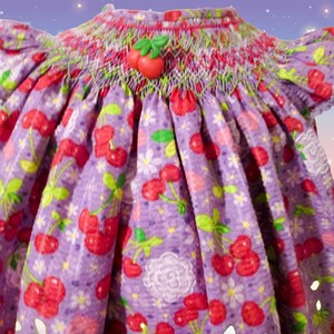 Ready to Ship! Plum and Cherries Girl&#39;s Smocked Bishop Style Dress, Size 2