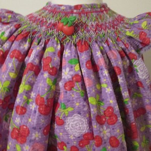 Ready to Ship! Plum and Cherries Girl&#39;s Smocked Bishop Style Dress, Size 2