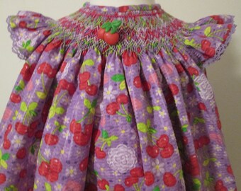 Plum and Cherries Girl's Smocked Bishop Style Dress, Size 2