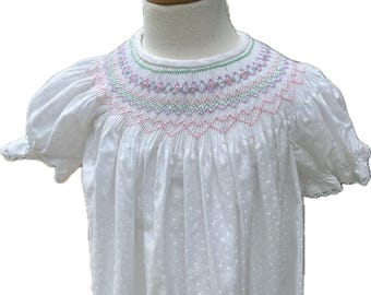 Ready to Ship - Hand Smocked Bishop Dress in Tone on Tone White, size 4