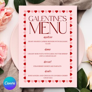 Galentine's Day Menü Vorlage Pink Red Heat Girls Night Menü Galentines Handgezeichnetes Party Valentinstag Benutzerdefiniertes Menü