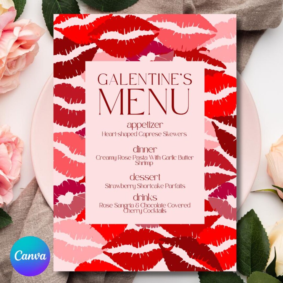 Galentine's Day Menu Template Pink Red Kisses Girls Night Menu ...