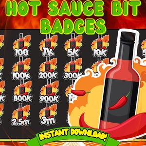 Può includere: Un set di 12 badge digitali che mostrano una bottiglia di salsa piccante con un peperoncino e vari numeri, tra cui 1, 100, 1K, 5K, 10K, 75K, 100K, 200K, 300K, 700K, 800K, 900K, 2m, 2,5m e 3m. Il testo "HOT SAUCE BIT BADGES" è nella parte superiore dell'immagine. Il testo "INSTANT DOWNLOAD!" è nella parte inferiore dell'immagine.