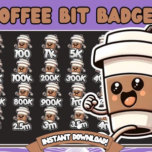 Puede incluir: Insignias digitales de bits de café con un simpático personaje de taza de café de dibujos animados. La imagen incluye insignias para 1, 100, 7K, 5K, 75K, 100K, 200K, 300K, 400K, 700K, 800K, 900K, 1M, 2M, 2.5M, 3M, 3.5M y 4M. También se incluye el texto "COFFEE BIT BADGES" y "INSTANT DOWNLOAD!"