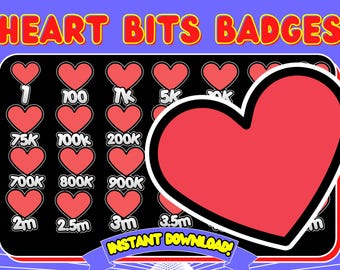 May include: A set of digital badges featuring red hearts with different numbers of likes, ranging from 1 to 3.5 million. The text "HEART BITS BADGES" is at the top of the image, and the text "INSTANT DOWNLOAD!" is at the bottom.