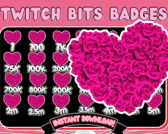 May include: Pink Twitch Bits Badges with heart-shaped designs. The badges feature numbers and amounts, including 1, 100, 7k, 75k, 700k, 200k, 700k, 800k, 900k, 2m, 2.5m, 3m, 3.5m, 4m, and 5m. A large heart made of pink roses is also present.