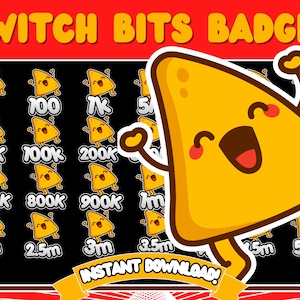 May include: A digital graphic featuring Twitch Bits Badges. The badges are in the shape of a smiling yellow triangle with arms and legs. The badges are numbered from 1 to 5m. The words "TWITCH BITS BADGES" and "INSTANT DOWNLOAD!" are also displayed.