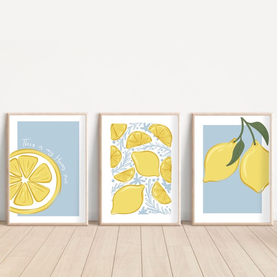 Lemon Kitchen Wall Art Set – Blue & Pink Prints (digital Download