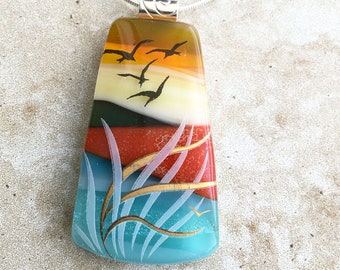 Scenic Ocean Fused Glass Pendant - Grass Blowing in the Wind - Birds Flying Overhead - Nature Jewelry – 75-19