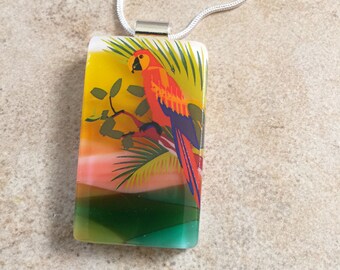 Parrot Fused Glass Pendant - Colorful Bird Jewelry - Nature Scene Necklace for Nature Lover - 64-15