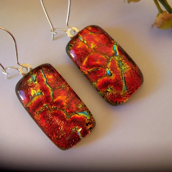 Striking Coppery Red Earrings - Dichroic Glass - Fused Glass Earrings - 129-13