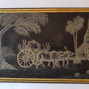 ビルマ漆器の絵画 - 牛車寺院を訪問。バガンのアーティスト、ウー・ニェイン・チャンとその家族による本物の手作りアート