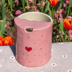 Strawberry Milkshake Travel Mug, Handmade Pottery Mug, To Go Ceramic Tumbler, Hand-painted Coffee Cup Sip Mug Mother&#39;s Day Gift for Her