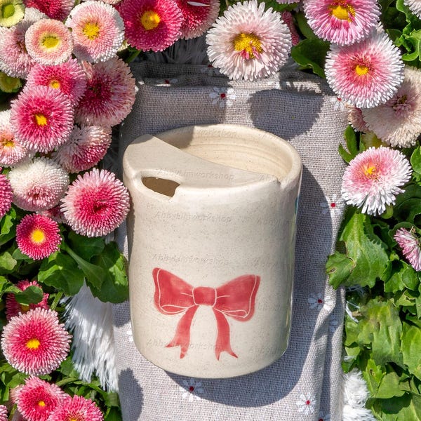 Bow Travel Mug, Handmade Ceramic Coffee Cup, To Go Ceramic Travel Tumbler, Hand-painted Pink Bow Mug, Sip Mug Mother's Day Gift for Her