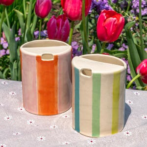 Striped Travel Tumbler, To Go Ceramic Tumbler, Handmade Pottery Mug, Hand-painted Sip Mug, Travel Mug Coffee Cup Unique Gift for Her