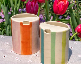 Striped Travel Tumbler, To Go Ceramic Tumbler, Handmade Pottery Mug, Hand-painted Sip Mug, Travel Mug Coffee Cup Unique Gift for Her