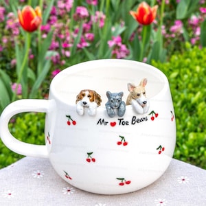 Custom Cherry Pet Mug with 3D Dog/Cat Figure Handmade Ceramic Peekaboo Pet Mug Memorial Gift for Pet Lovers Personalized Pet Mug Coffee Cup