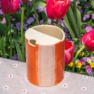 Orange Striped Travel Mug, To Go Ceramic Tumbler, Handmade Pottery Mug, Hand-painted Sip Mug, Coffee Cup Unique Mother&#39;s Day Gift for Her