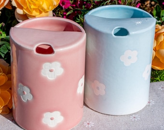 Flowers Travel Mug, Handmade Pottery Mug, To Go Ceramic Tumbler, Hand-painted Sip Mug, Coffee Cup Sip Mug Birthday Day Gift for Her