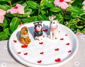 Custom Pet Jewelry Dish with 3D Dog/Cat Figure, Handmade Ceramic Heart Trinket Dish, Personalized Ring Dish Memorial Gift for Pet Lovers Her