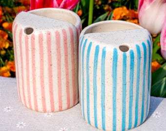 Stripe Travel Mug, Handmade Pottery Mug, To Go Ceramic Tumbler, Hand-painted Sip Mug, Striped Coffee Cup Sip Mug Birthday Day Gift for Her