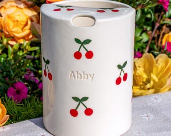 Cherry Travel Mug, Handmade Pottery Mug, To Go Ceramic Tumbler, Hand-painted Sip Mug, Coffee Cup Sip Mug Mother's Day Gift for Her