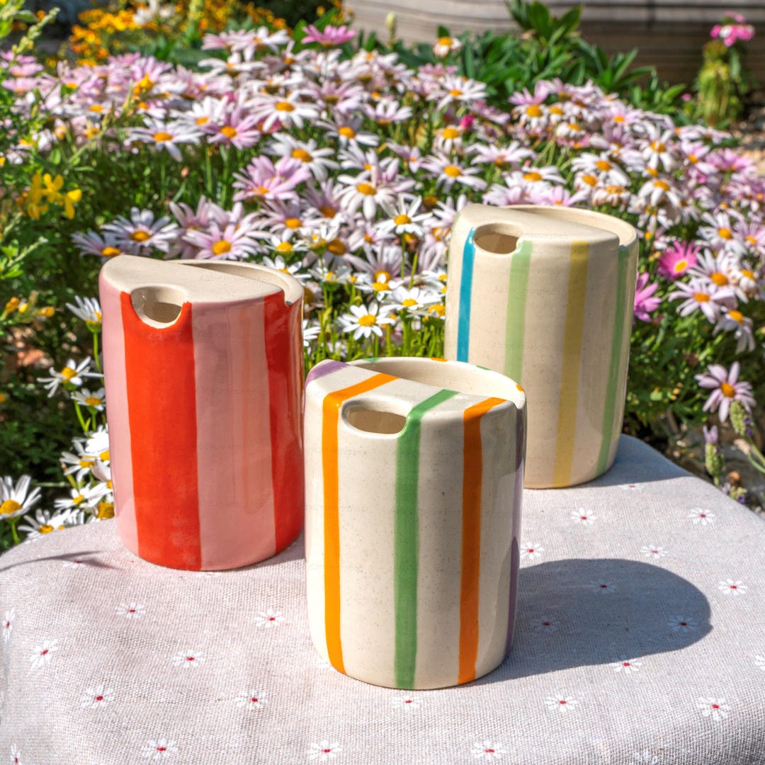 Striped Travel Tumbler, To Go Ceramic Tumbler, Handmade Pottery Mug, Hand-painted Sip Mug, Travel Mug Coffee Cup Unique Gift for Her