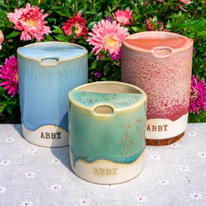Custom Text Travel Mug, Handmade Running Glaze Pottery Mug, To Go Ceramic Tumbler, Hand-painted Coffee Cup Sip Mug Gift for Her