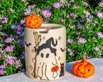 Halloween Travel Mug, Handmade Pottery Mug, To Go Ceramic Tumbler, Hand-painted Sip Mug, Funny Ghost Coffee Cup Sip Mug Gift for Her