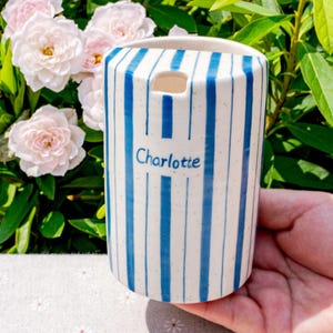 Striped Travel Tumbler, To Go Ceramic Tumbler, Handmade Pottery Mug, Hand-painted Sip Mug, Travel Mug Coffee Cup Unique Gift for Her