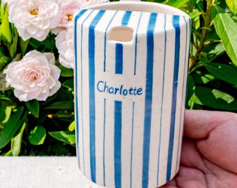Striped Travel Tumbler, To Go Ceramic Tumbler, Handmade Pottery Mug, Hand-painted Sip Mug, Travel Mug Coffee Cup Unique Gift for Her