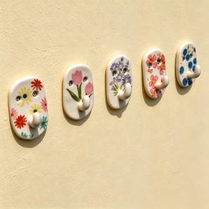 Handmade Ceramic Wall Hook with Mount Screws, Floral Key Holder, Entryway Organizer, Pastel Hanging Hook, Housewarming Gift