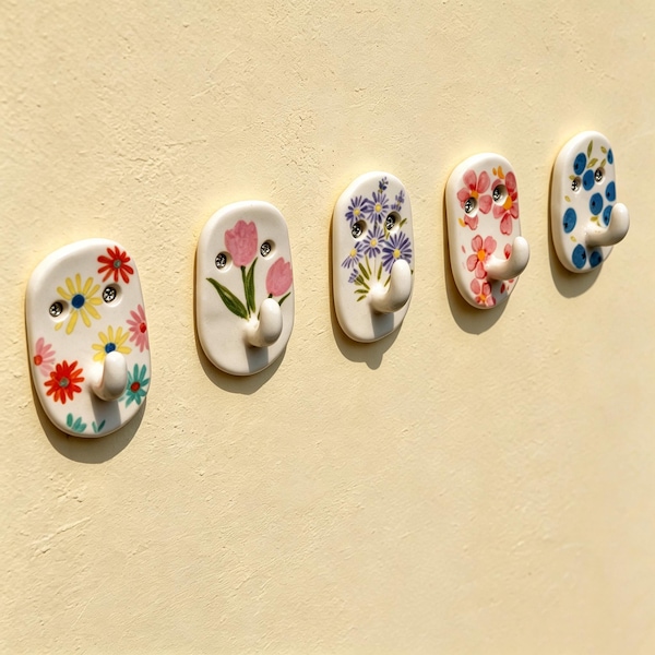 Handmade Ceramic Wall Hook with Mount Screws, Floral Key Holder, Entryway Organizer, Pastel Hanging Hook, Housewarming Gift