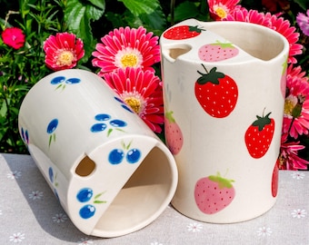 Strawberry/blueberry Travel Mug, Handmade Pottery Mug, To Go Ceramic Tumbler, Hand-painted Sip Mug, Coffee Cup Sip Mug Birthday Gift for Her