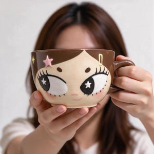 May include: A ceramic mug featuring a stylized face with brown hair, large eyes with star-shaped pupils, long eyelashes, and pink cheeks. The design includes a small pink star and a yellow rectangular hair clip on the brown hair section.