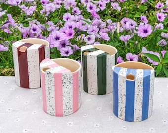 Striped Travel Tumbler, To Go Ceramic Tumbler, Handmade Pottery Mug, Hand-painted Sip Mug, Travel Mug Coffee Cup Unique Gift for Her