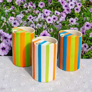 Striped Travel Tumbler, To Go Ceramic Tumbler, Handmade Pottery Mug, Hand-painted Sip Mug, Travel Mug Coffee Cup Unique Gift for Her