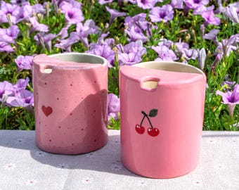 Handmade Ceramic Travel Mug: Cherry Hand-Painted Coffee Tumbler