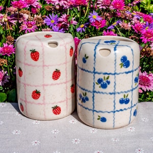 May include: Two ceramic vases with a speckled, off-white base. One vase features red strawberries on a pink grid, the other has blue blueberries on a blue grid. Both have a hole at the top.