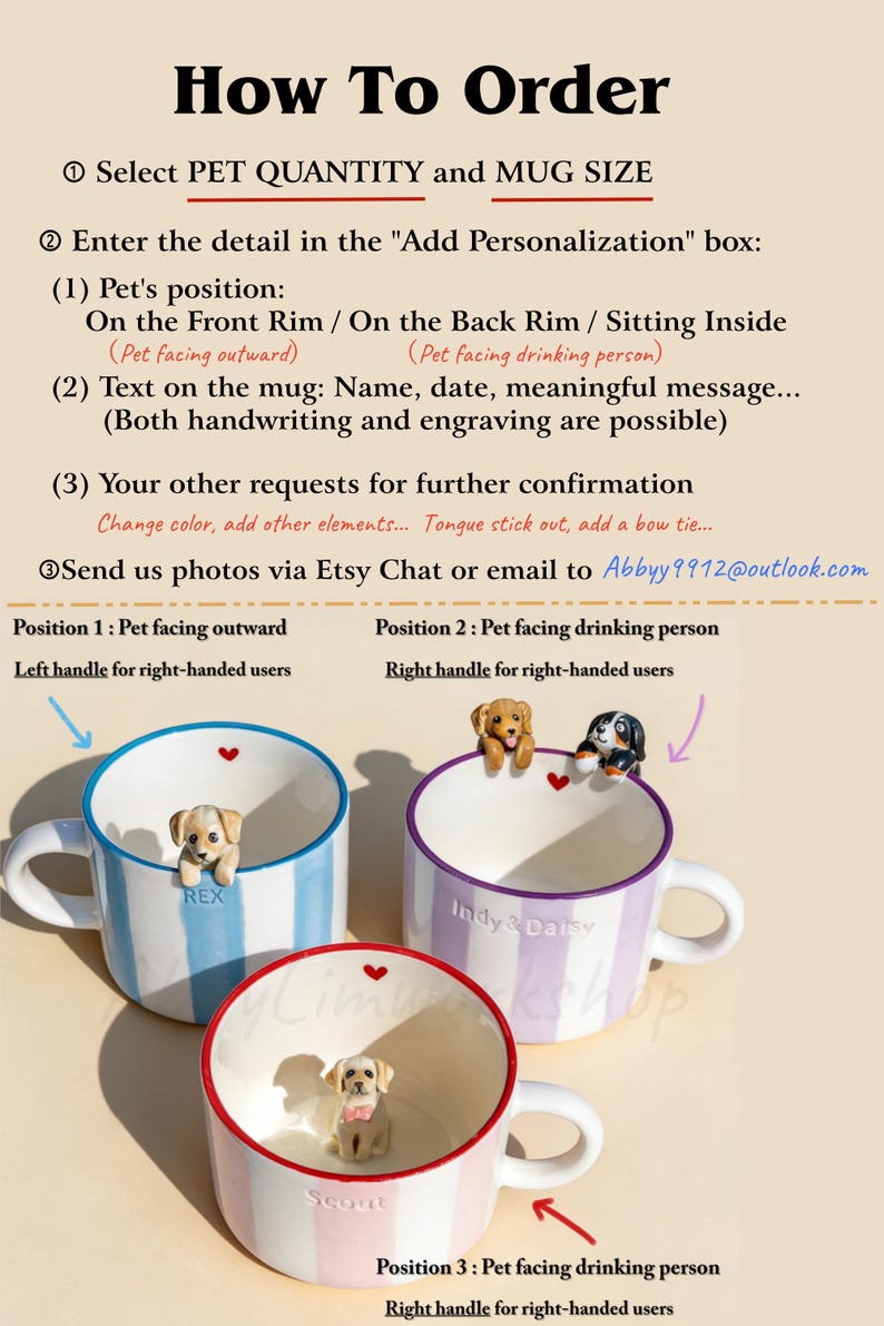 Puede incluir: Tres tazas de cer&aacute;mica con patrones de rayas y peque&ntilde;as figuras de perros esculpidas. Las tazas incluyen instrucciones de texto para realizar el pedido, opciones de posici&oacute;n de la mascota, texto personalizado y datos de contacto.