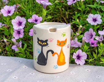 Cats Travel Mug, Handmade Pottery Mug, To Go Ceramic Tumbler, Hand-painted Sip Mug, Coffee Cup Sip Mug Birthday Day Gift for Pet Lover