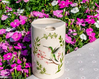Hummingbird Travel Mug, Handmade Pottery Mug, To Go Ceramic Tumbler, Hand-painted Sip Mug, Coffee Cup Sip Mug Christmas Day Gift for Her
