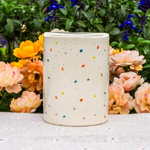 Pode incluir: Um vaso cil&iacute;ndrico de cer&acirc;mica esbranqui&ccedil;ada adornado com bolinhas coloridas. O vaso &eacute; rodeado por flores vibrantes em tons de amarelo, laranja e rosa, criando uma exibi&ccedil;&atilde;o alegre e decorativa.